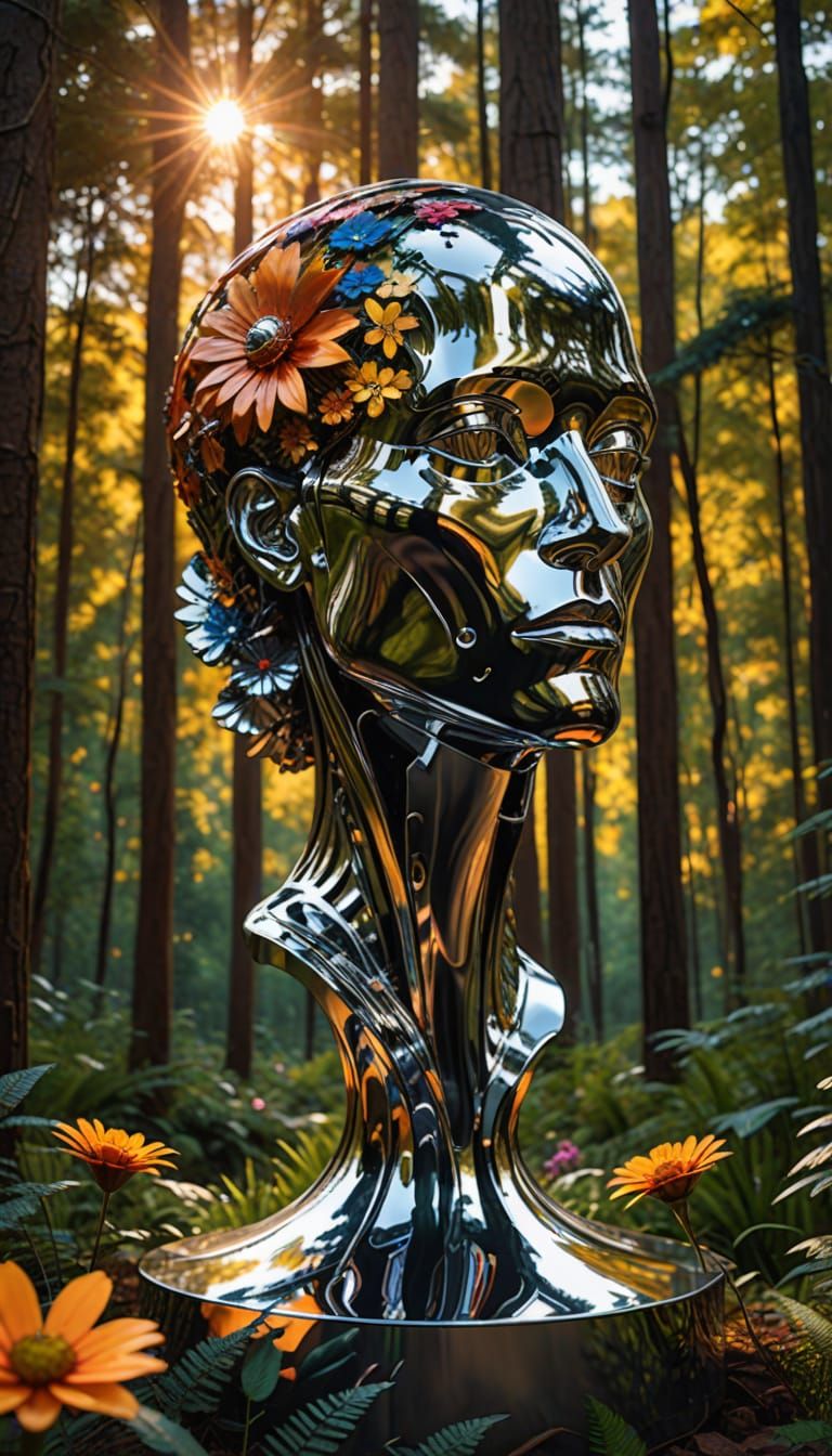 Hyperrealistic concept art. Mid shot. A chrome sculpture sta...