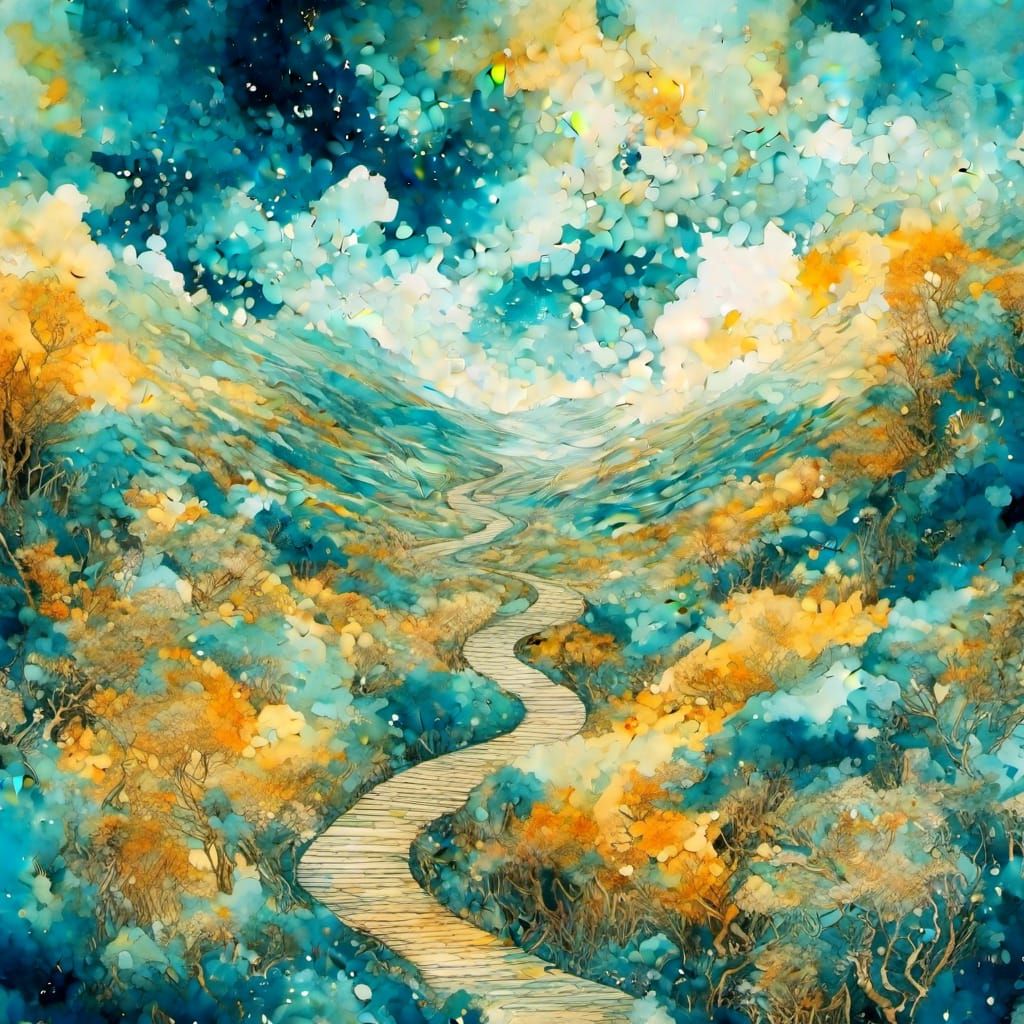 Dreamlike Pathway in Surreal Watercolor and Alcohol Ink