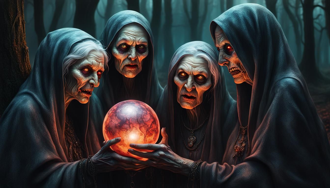 Eerie Hag Sisters Conjuring in Gothic Horror Style
