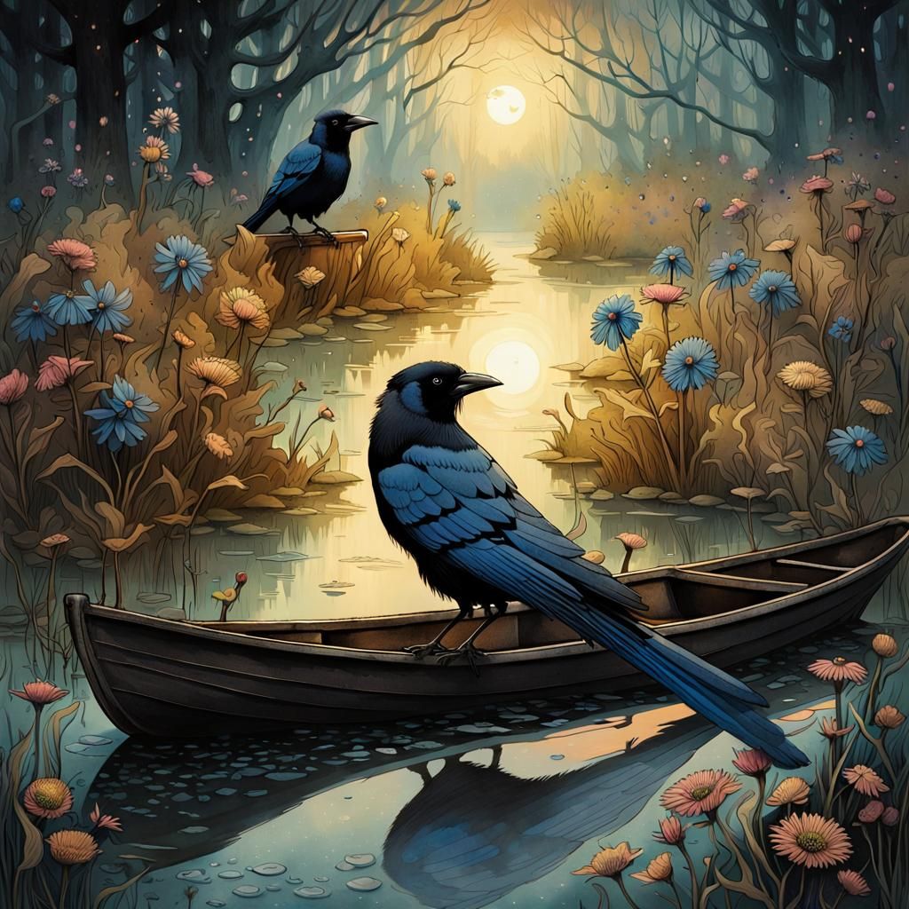 Jackdaw in Swamp: Dark Fantasy Illustration