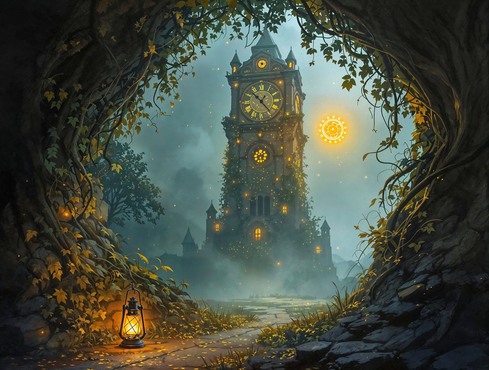 Mysterious Clock Tower in Soft Pastel Hues