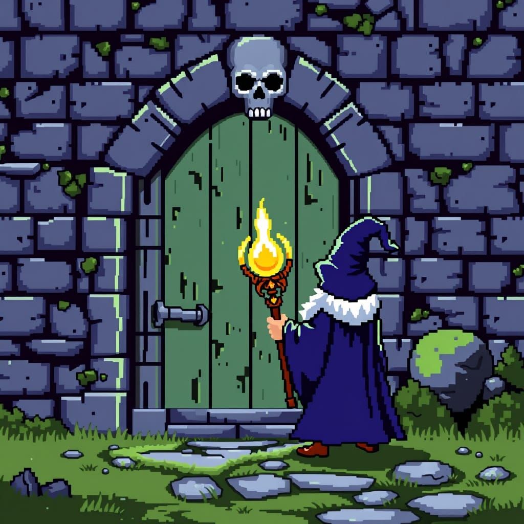8-Bit Wizard Stares Down Castle Entrance