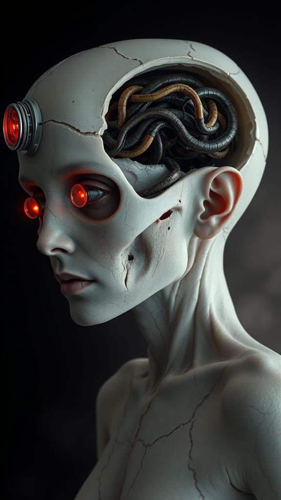 Grotesque Biomechanical Larval Figure in Hyperrealistic Digi...