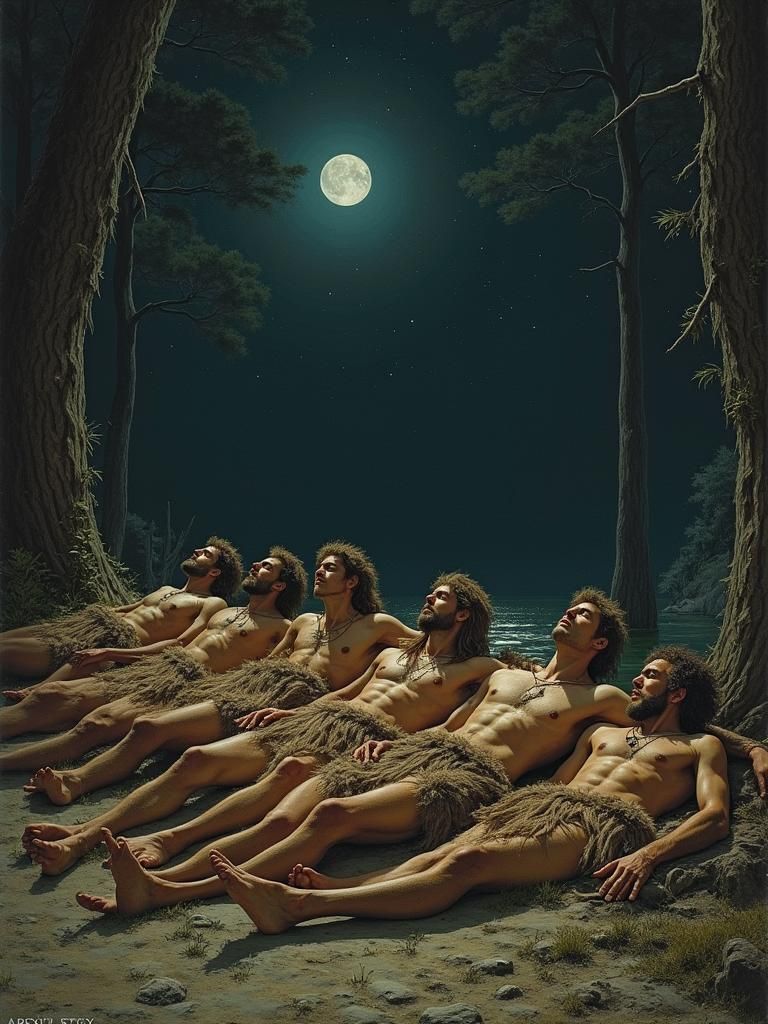 Neolithic Warriors Under Starry Sky in Earthy Tones