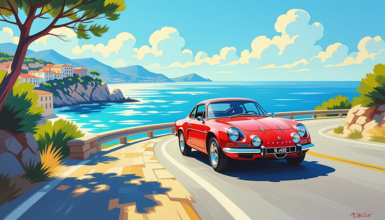 Ruby Red Alpine A110 Speeds French Riviera Coastal Road