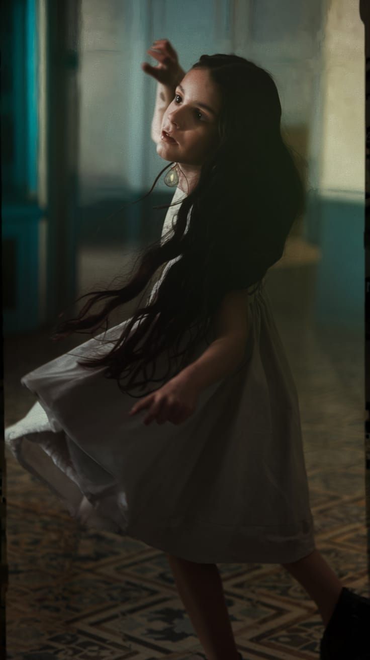 Dancing Girl in Dimly Lit Room with Film Grain