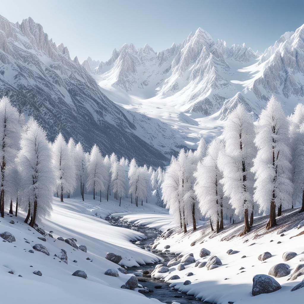 Winter Mountain Landscape in Hyperrealistic Style