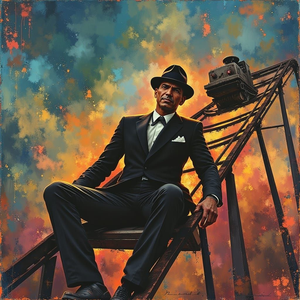Frank Sinatra Rides a Roller Coaster, Dark Oil Painting