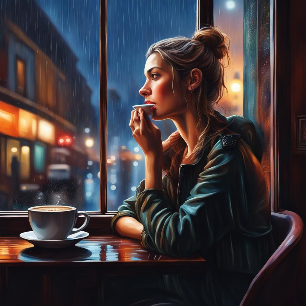 Hyperrealistic Woman in Cafe Watching Rainy City Night