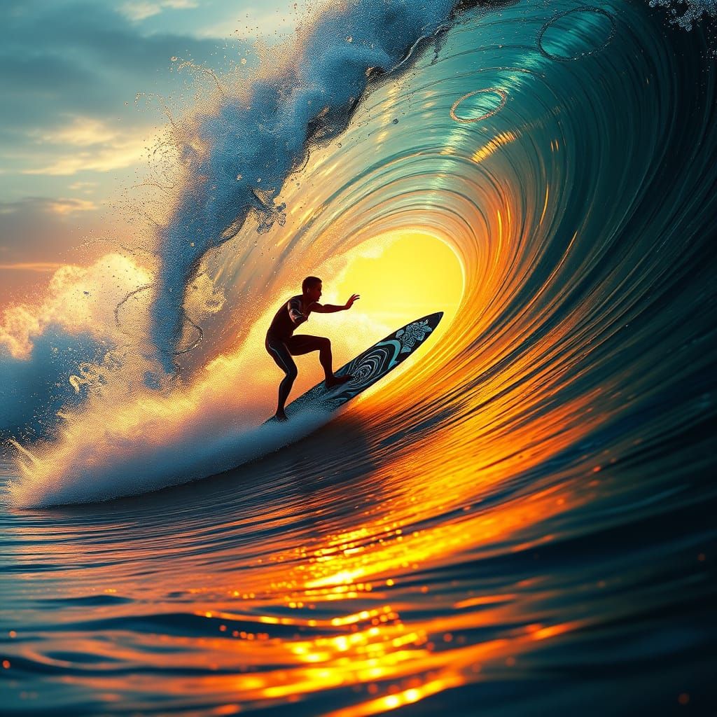 Surreal Surfer Rides Gnarled Wave in Dreamlike Seascape