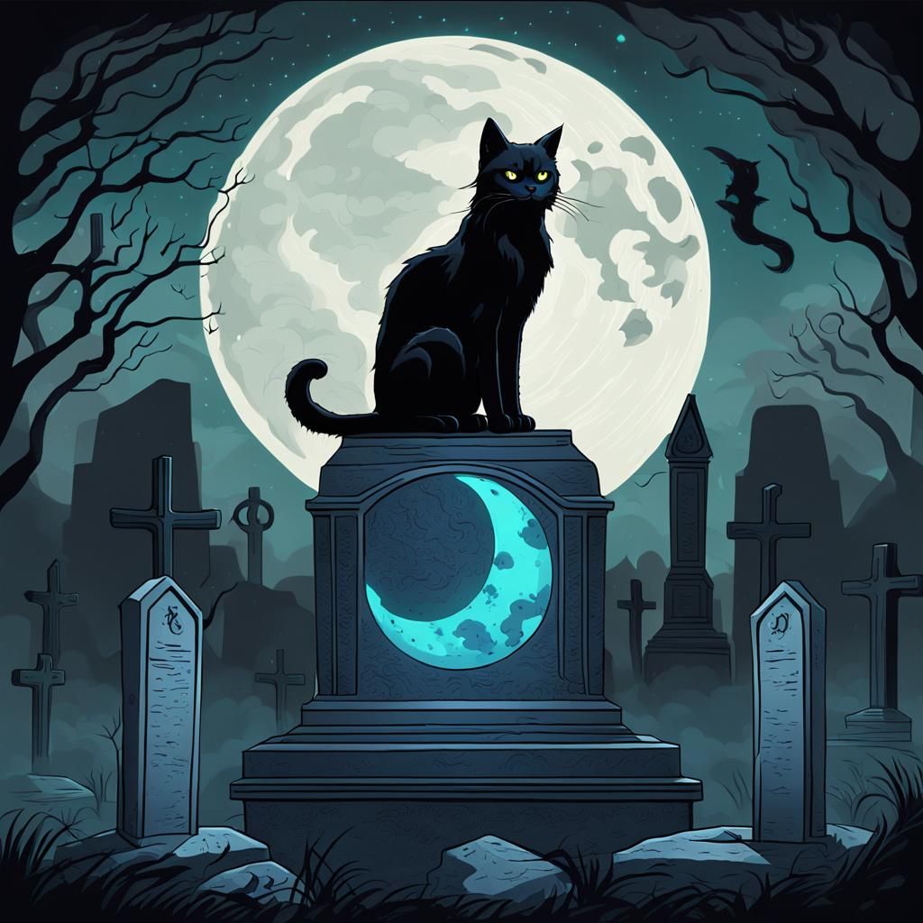 Eerie Black Cat Under Full Moon Digital Art