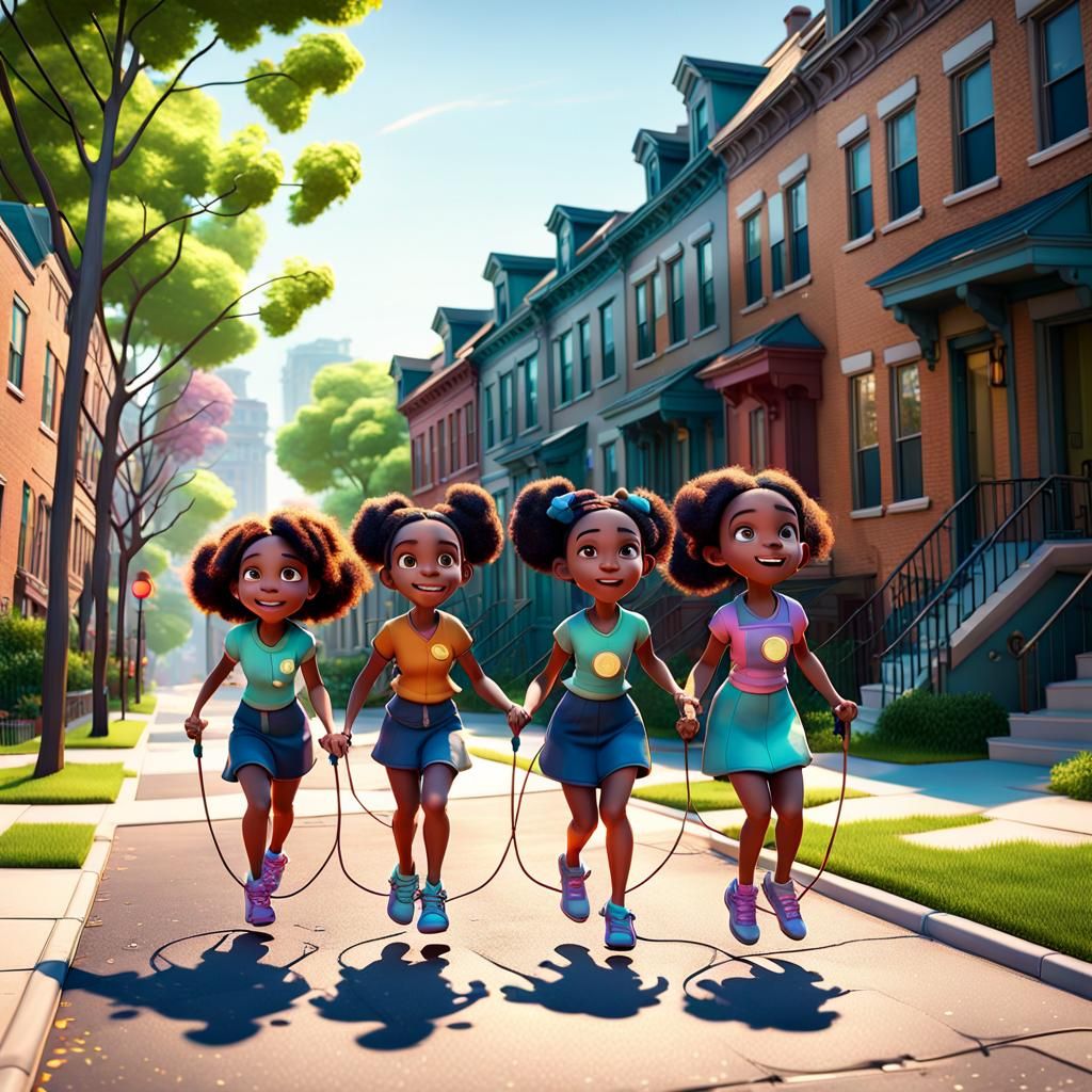 Girls Playing Jump Rope: 3D Digital Art