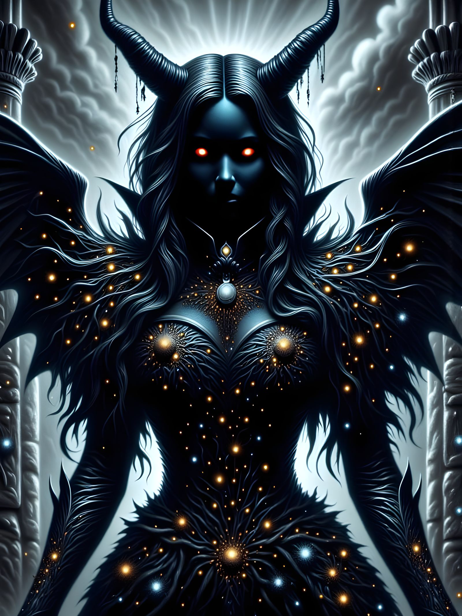 Mysterious Dark Fantasy Goddess Amidst Ruined Castle