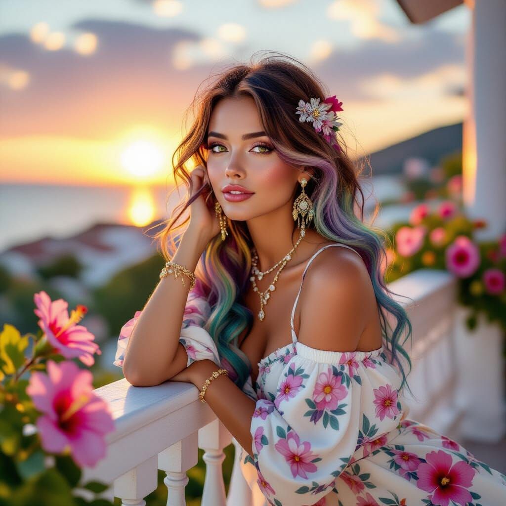 Framed by blooming hibiscus, she leans on a whitewashed balc...