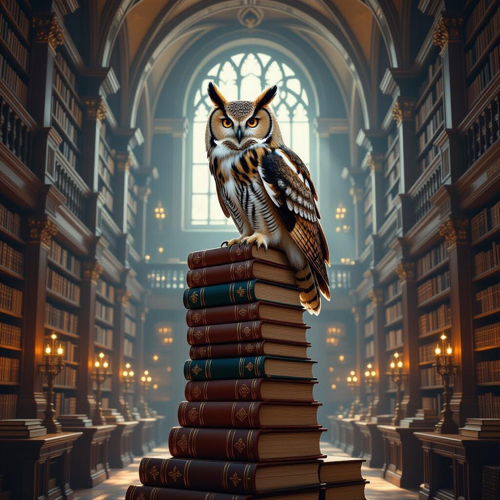 Owl in Grand Library: Detailed Matte Painting