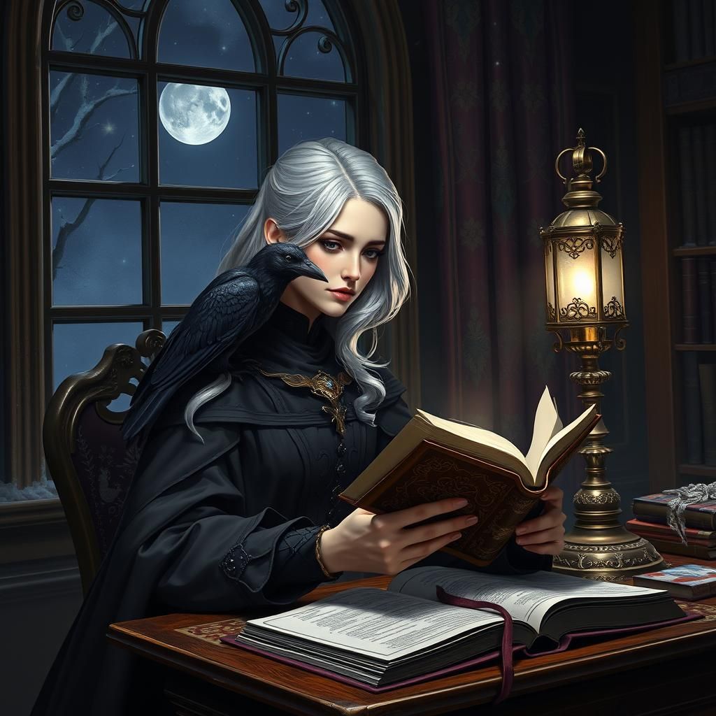Silver-Haired Scholar Reading by Moonlight