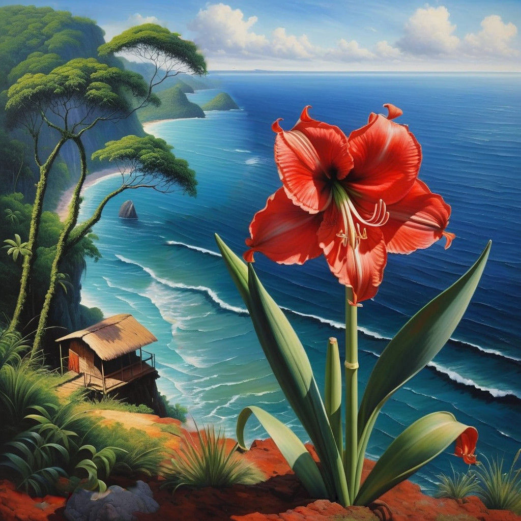 Classical Oil Painting of Amaryllis Bloom Over Ocean