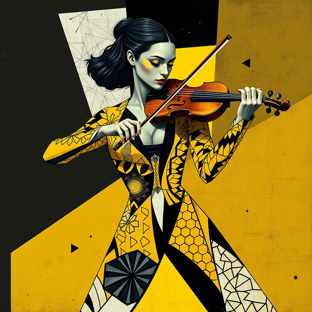 Cubist Woman Plays Violin in Geometric Style