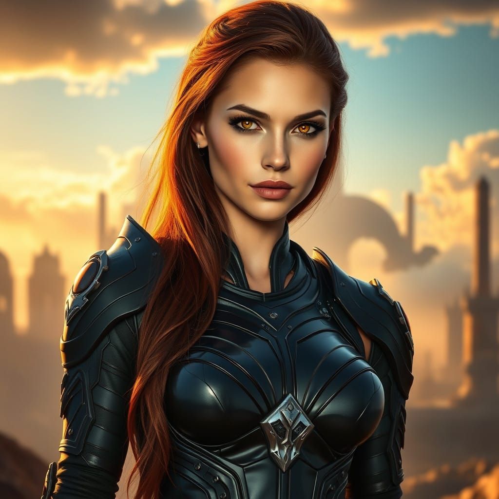 Stunning Cyberpunk Goddess in Black Armor Against Fantasy Ba...