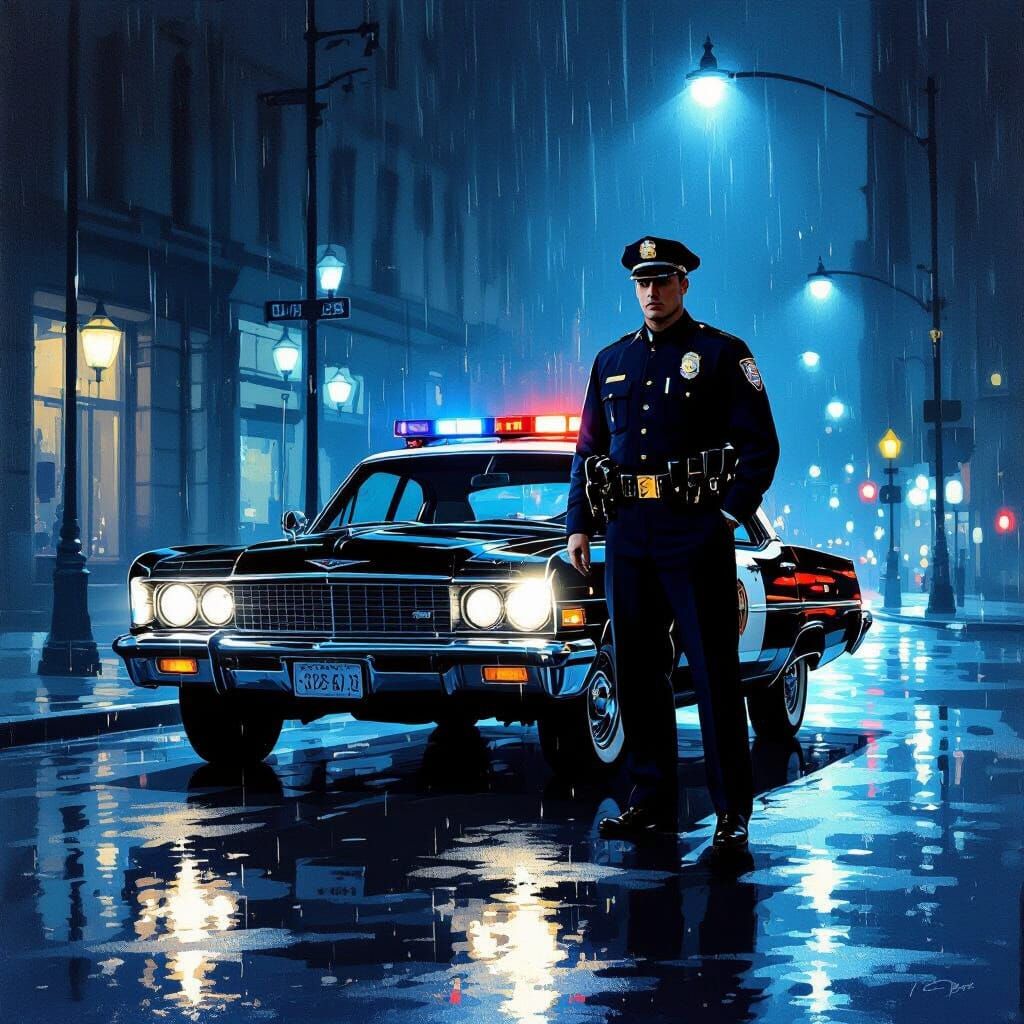 Police Officer Beside Classic Patrol Car at Night