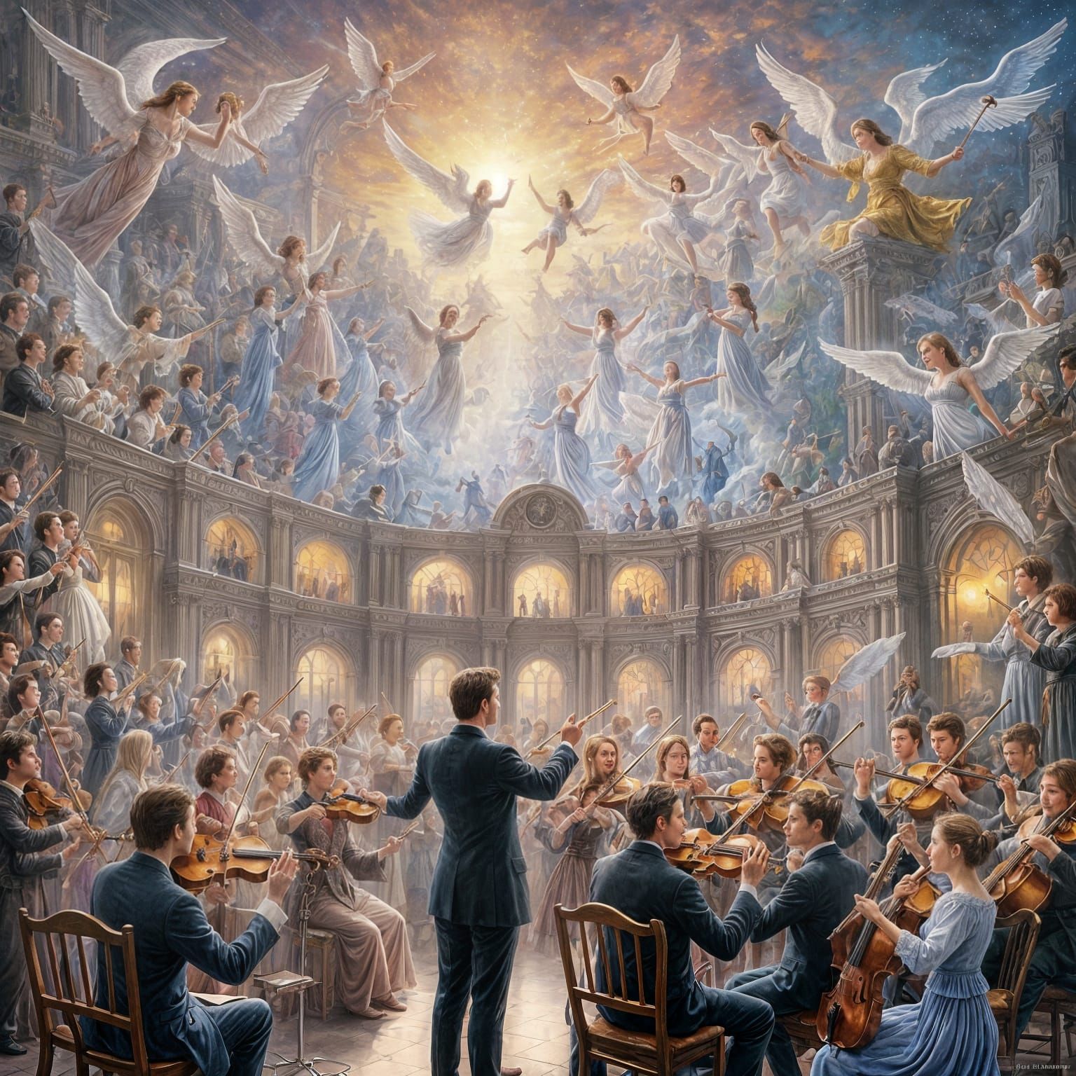 Heavenly Orchestra Concert with Angels in Ethereal Mist