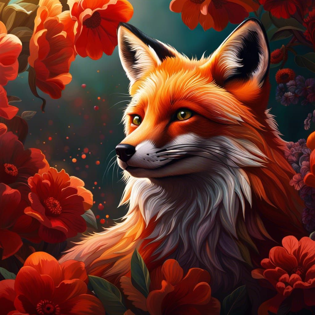 Cinematic Red Fox with Floral Art Details