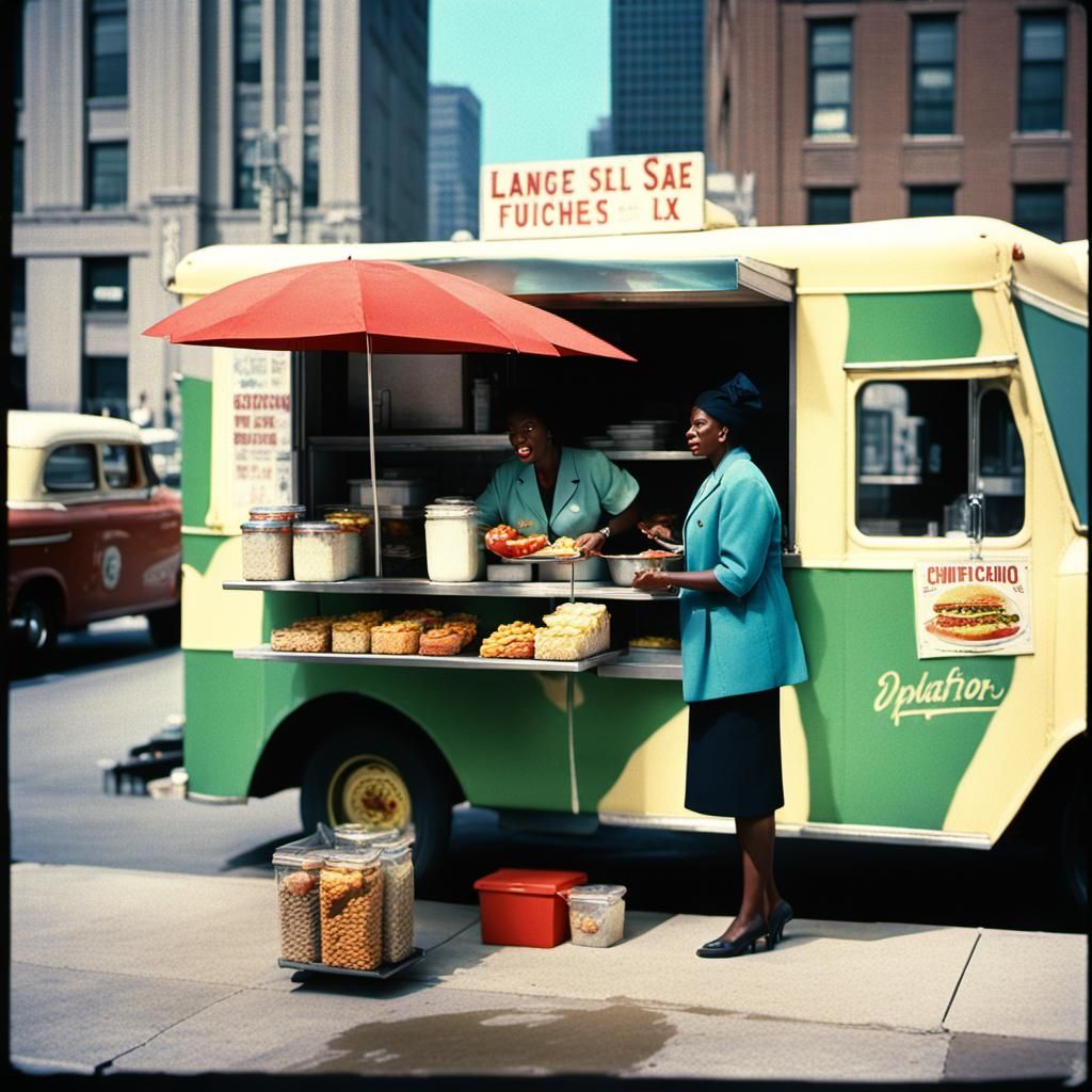 1958 Chicago Food Truck Scene in Cinematic Style