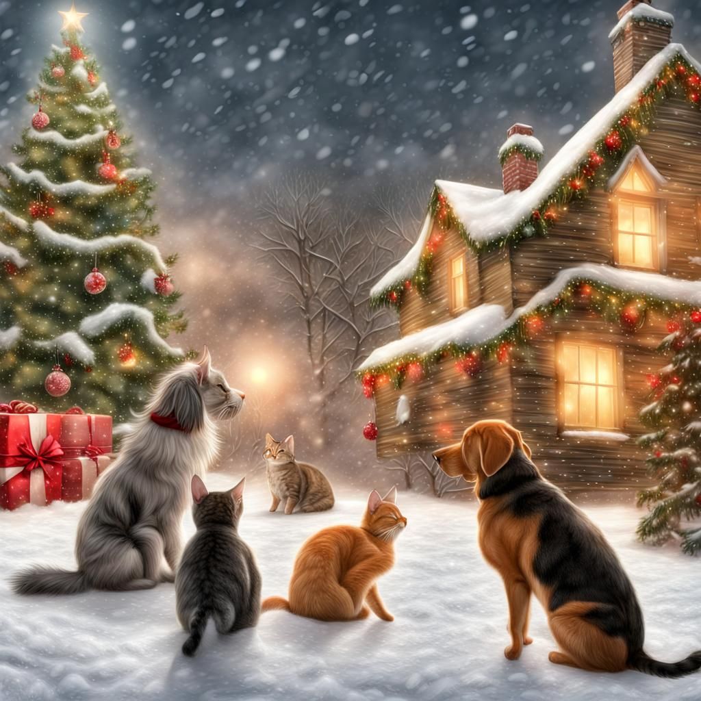 Festive Animals Play in Christmas Snow, Hyperrealistic 8k