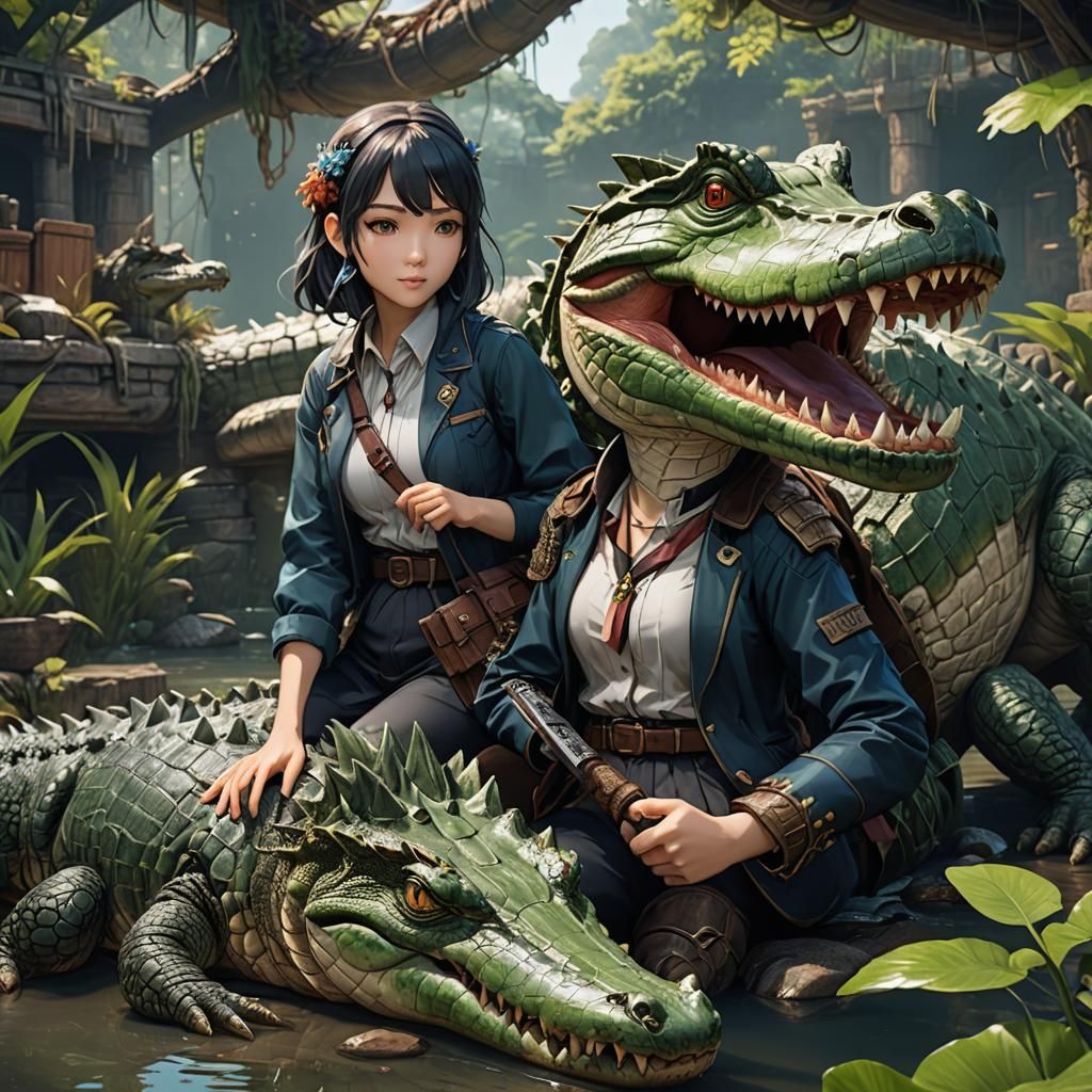 Anime Crocodile Girl with Pet: Detailed Matte Painting