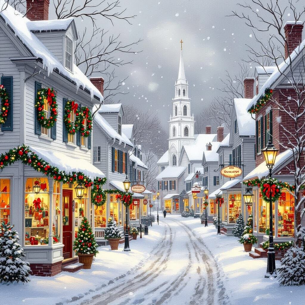 Christmas in Quaint New England Town as Watercolor