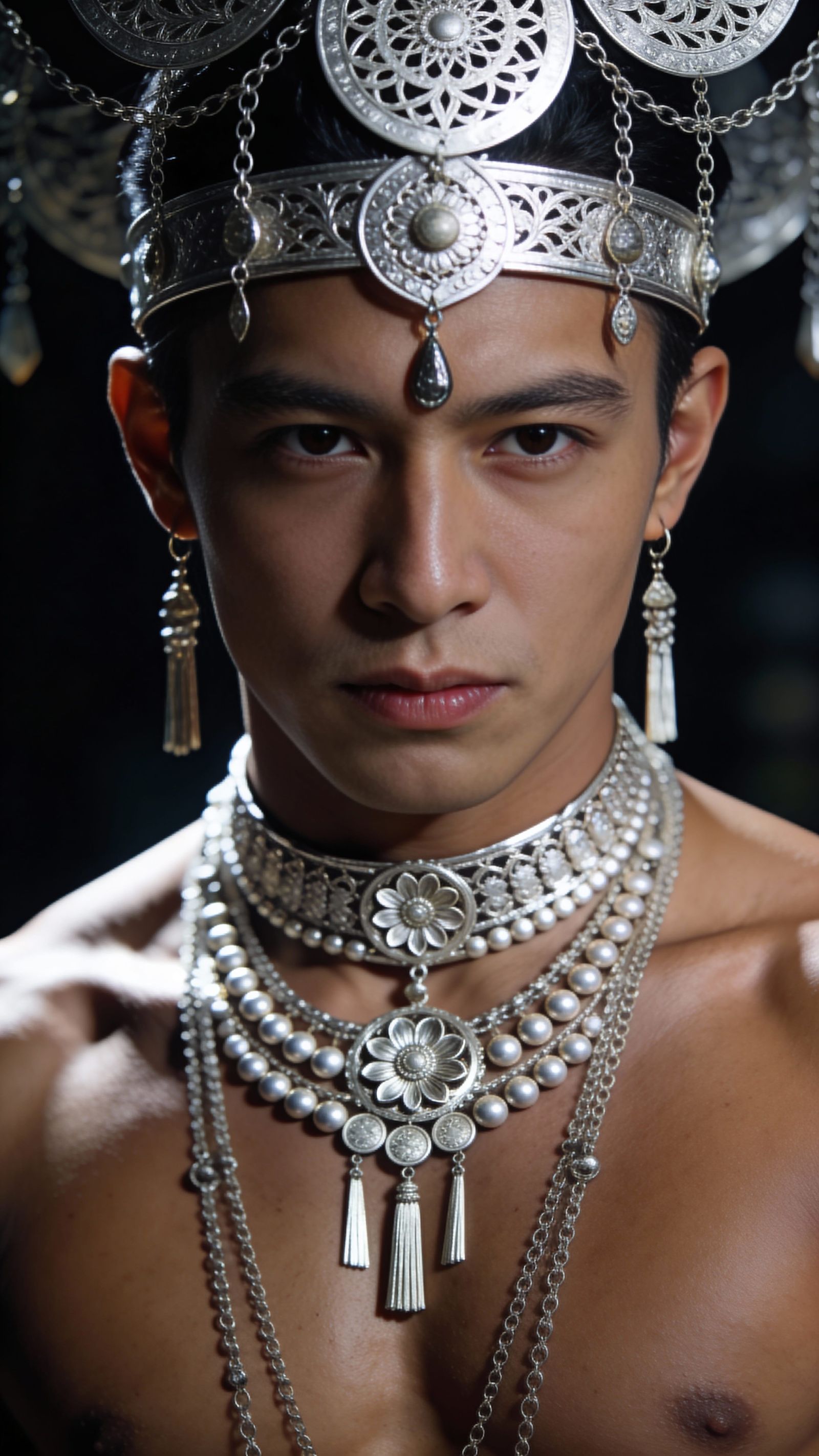 Ceremonial Portrait of Muscular Man with Silver Ornate Headp...