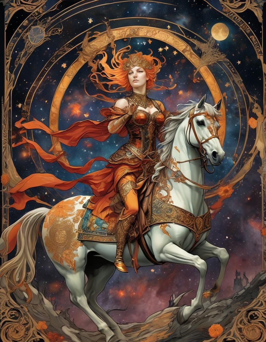 Fiery Tarot Warrior in Art Nouveau Style