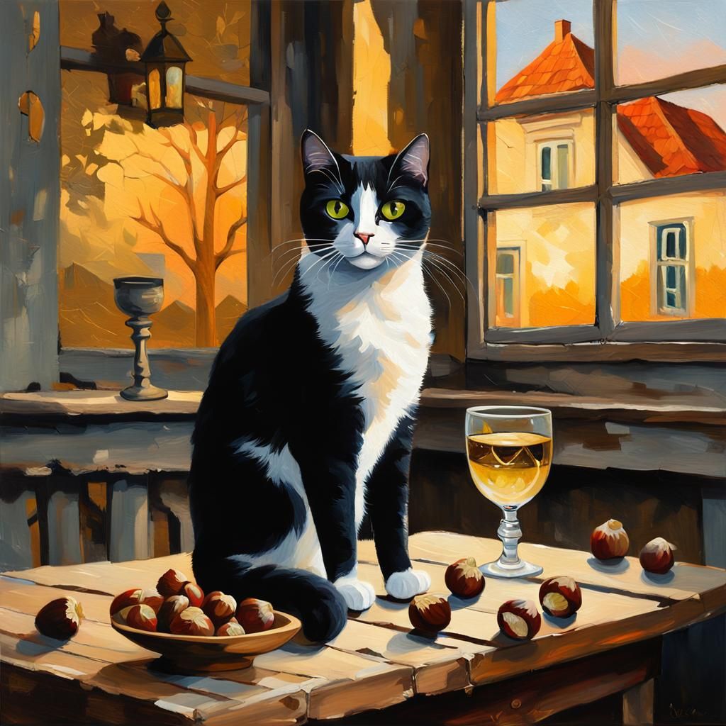 Cat with Wine and Chestnuts in Symbolist Oil Painting
