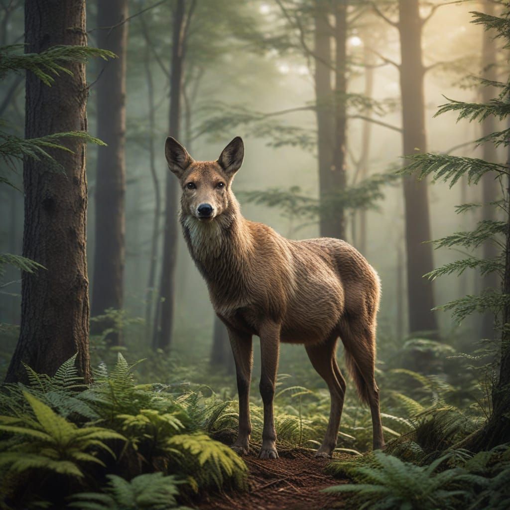 Deer Wolf Hybrid in Misty Forest