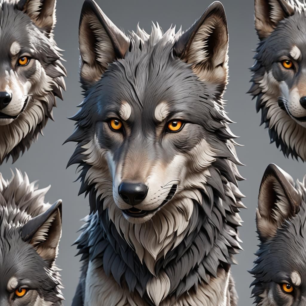 Detailed 3D Cartoon Wolf Face in Anime Style