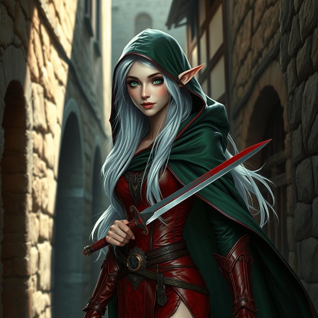 Elegant Elf in Medieval City Alley