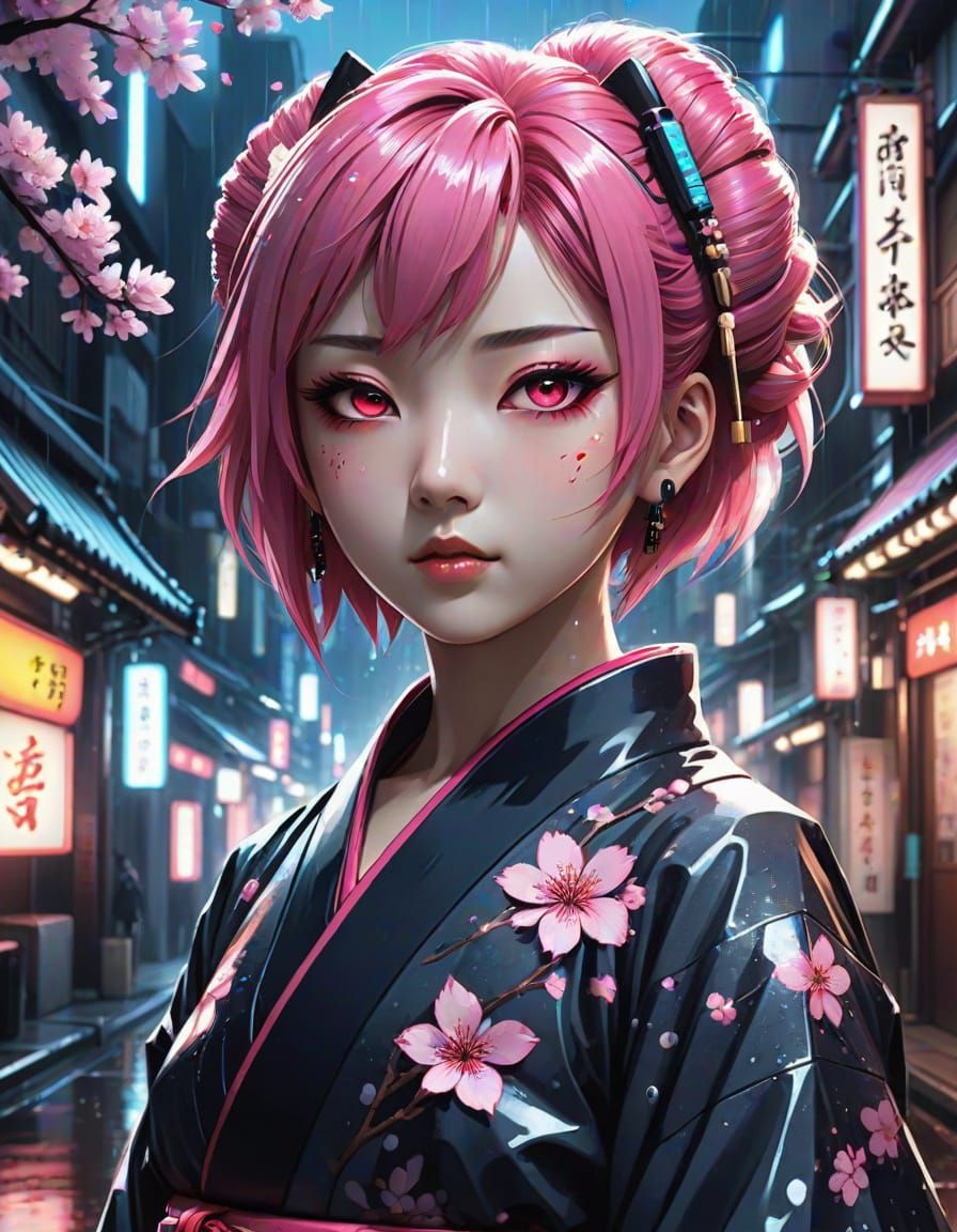 Cyberpunk Geisha in Neon Tokyo Alleyway