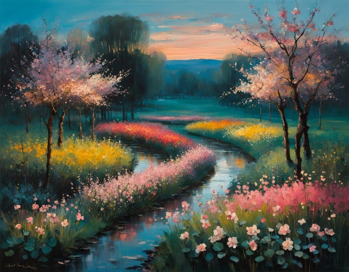 Whimsical Apple Blossom Garden in Vibrant Soft Light