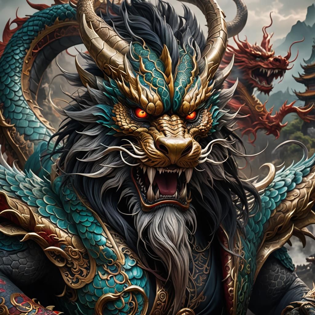 Chinese Dragon with Beard Tattoo in Detailed Matte Painting