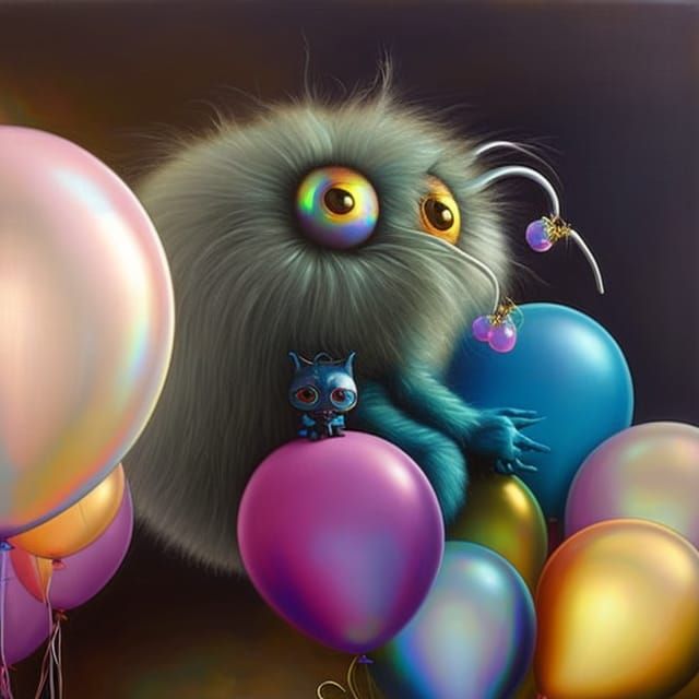 Happy Plush Monster with Balloons as Oil Painting