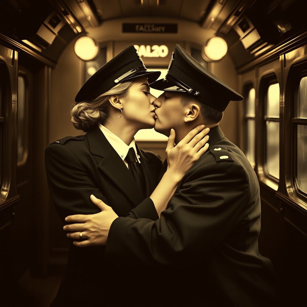 Vintage Photo of Policewoman Kissing in Train