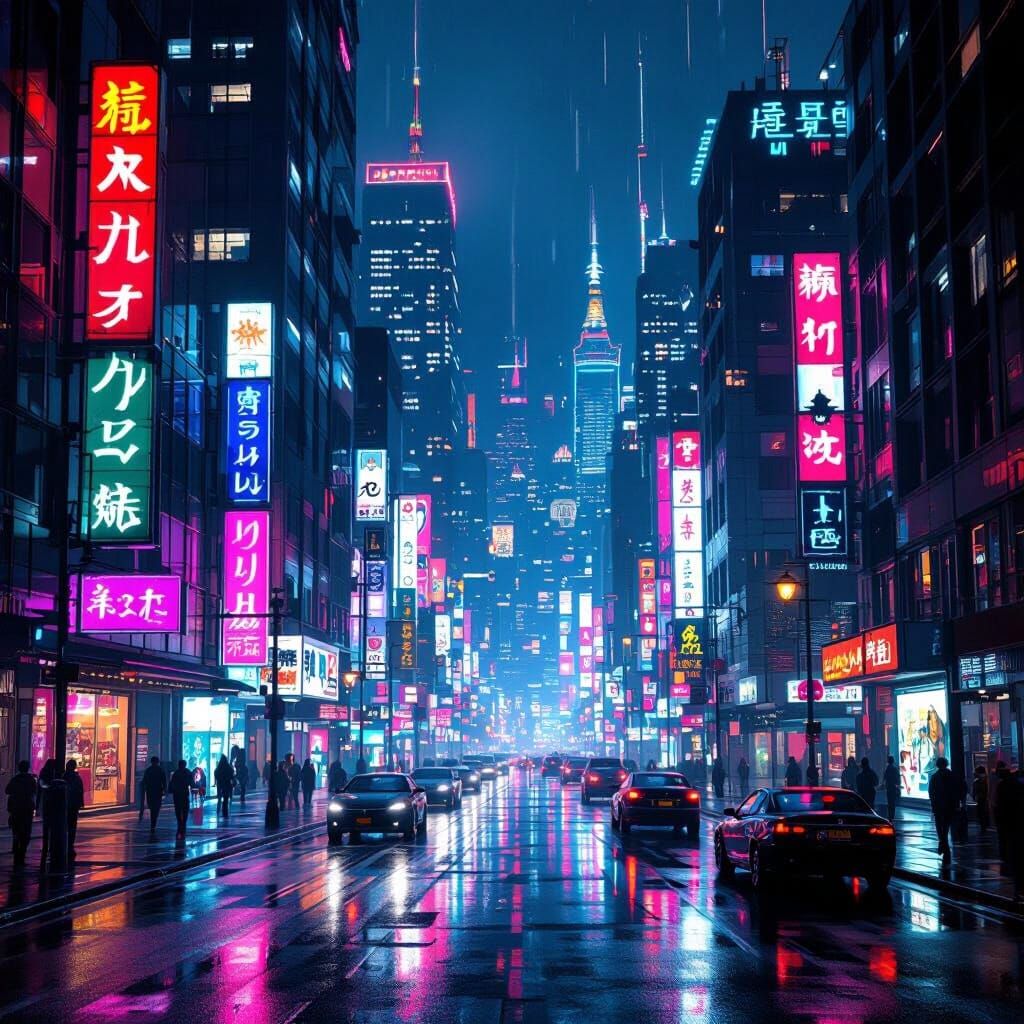 Cyberpunk Cityscape at Night With Neon Glow