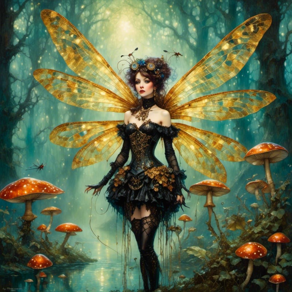 Gothic Steampunk Dragonfly Fairy Portrait in Klimt Style