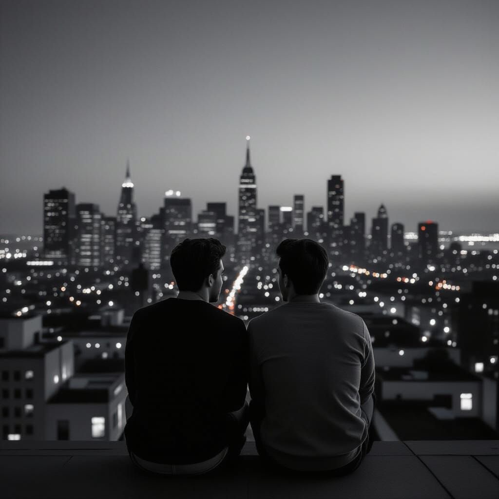 Rooftop Gazers: A Black and White Cityscape
