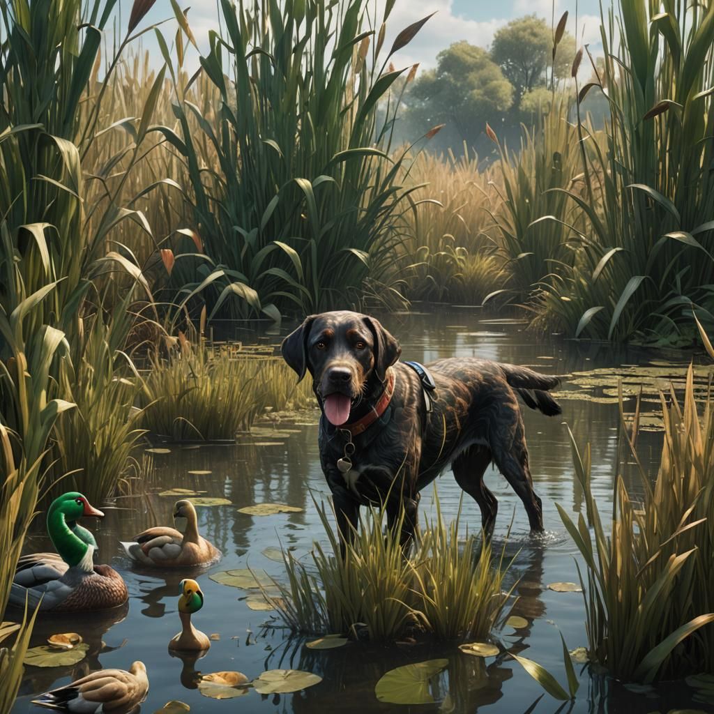 Hunting Dog and Green Ducks: Detailed Matte Painting