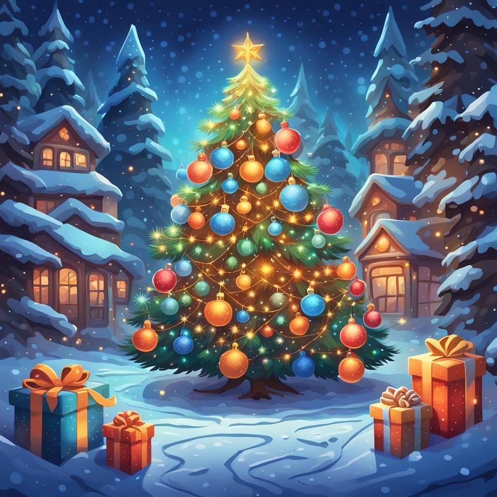Festive Christmas Tree Icon in Cartoon Style