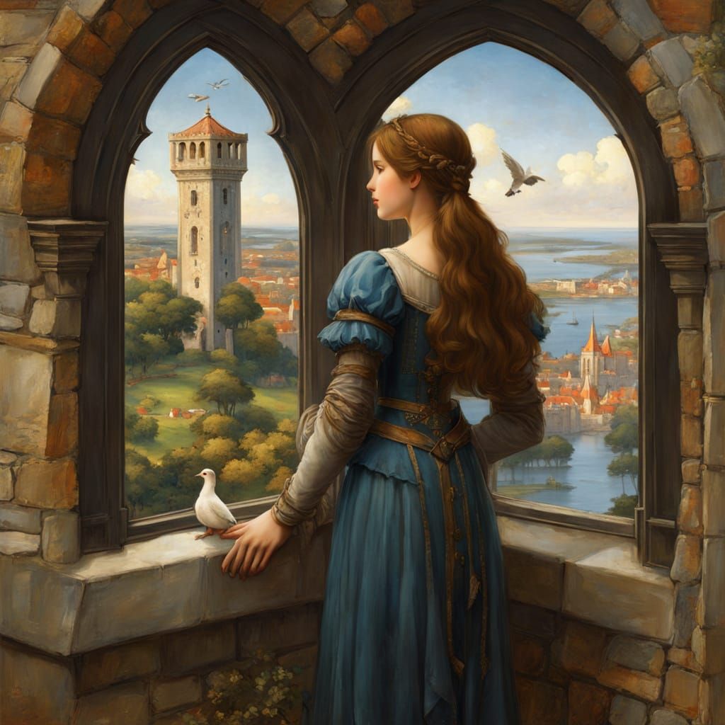 Medieval Girl with Dove in a Beautiful Tower Window