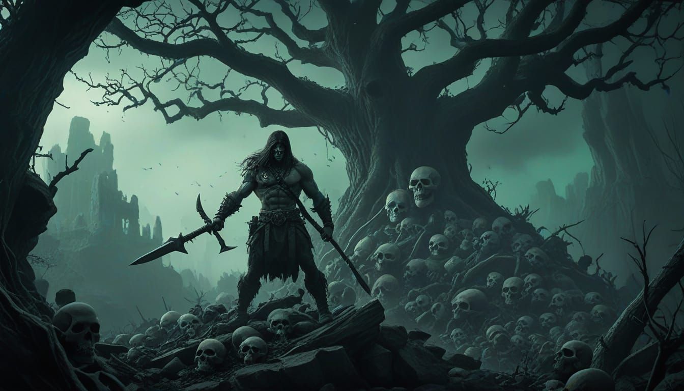 Fierce Warrior in Dark Fantasy Landscape with Twisted Roots