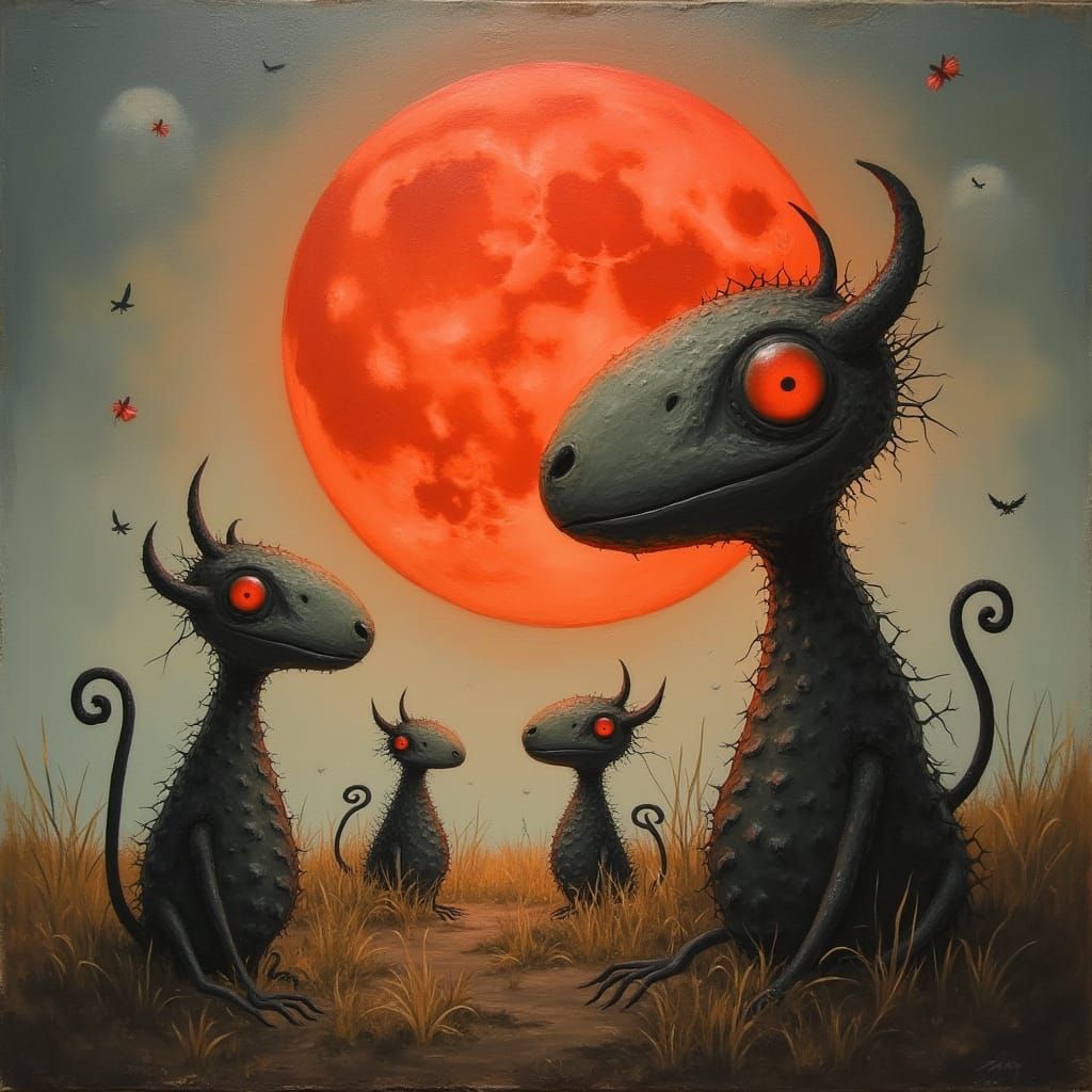 Surreal Red Moon Painting with Whimsical Creatures
