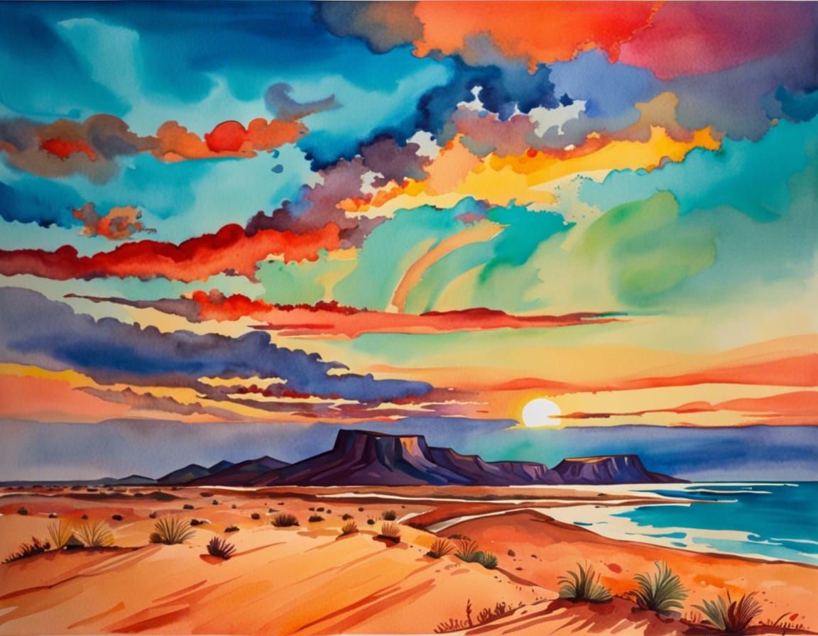 Watercolor Sunset Over Painted Desert and Sea